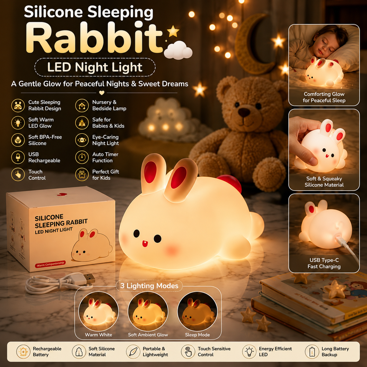 Silicone Rabbit LED Night Light - Cute Bedside Lamp