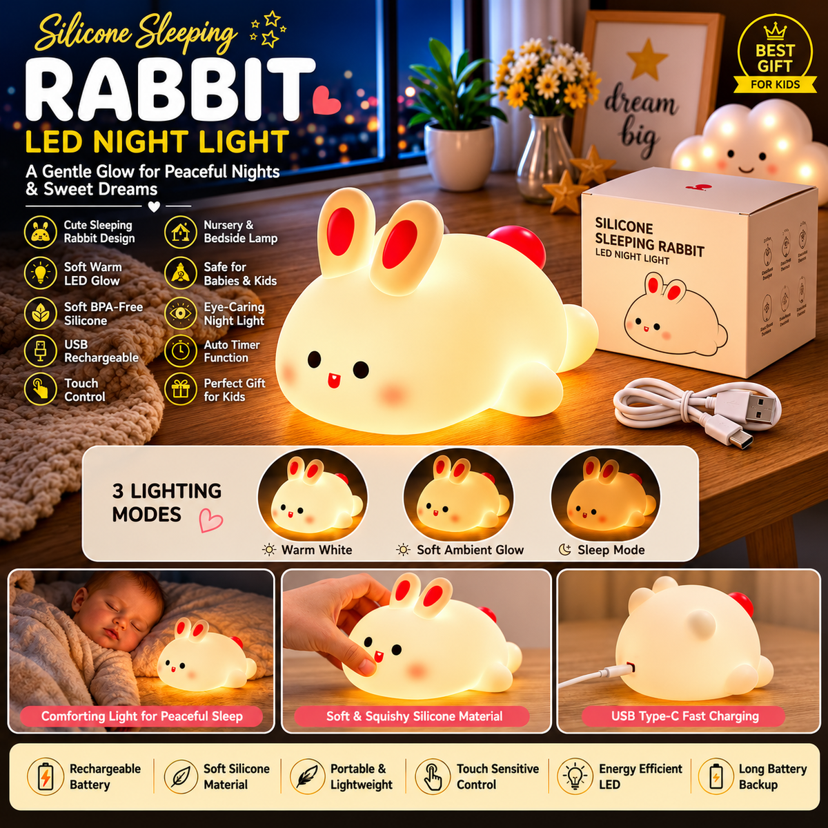 Silicone Rabbit LED Night Light - Cute Bedside Lamp